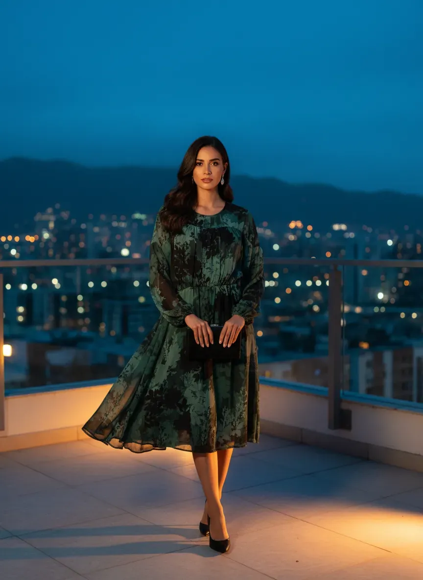 Vestido Nocturno Florecido Esmeralda