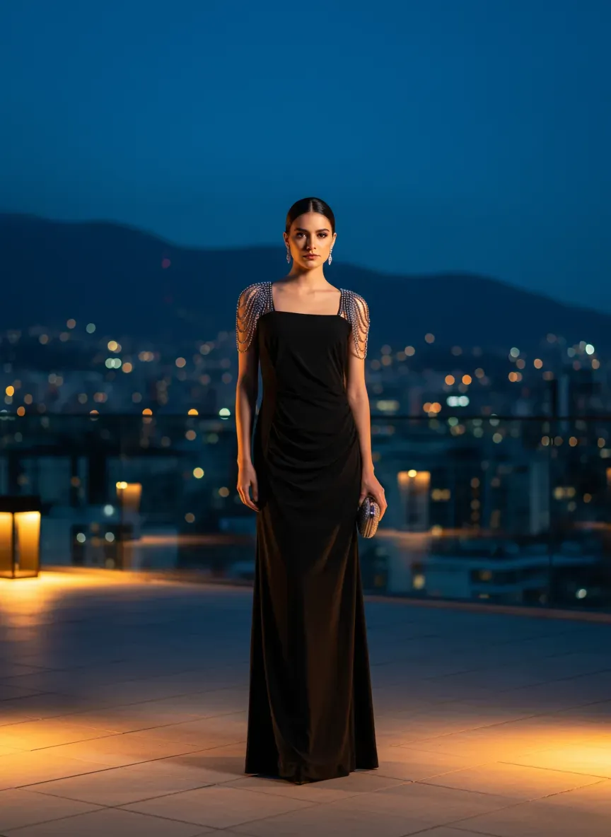 Vestido Noche Estrellada con Hombros Joya